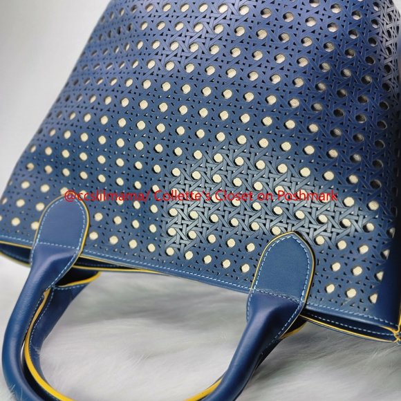 Jeff Wan Blue Hillside Bucket Tote with Yellow Piping - Picture 4 of 14